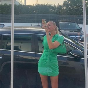 Green ruched terry collared button down dress